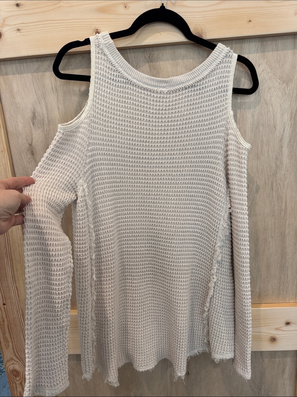 Free People Cream Waffle Knit Open Shoulder Long Sleeve Shirt - Picture 6 of 9